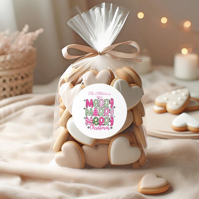 Pink Green Whimsical Christmas Classic Round Sticker (Creator Uploaded)