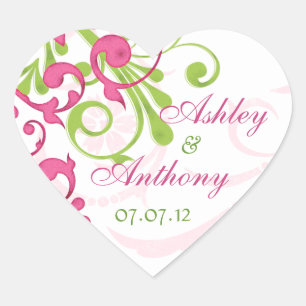 Pink Green White Abstract Floral Wedding Heart Sticker