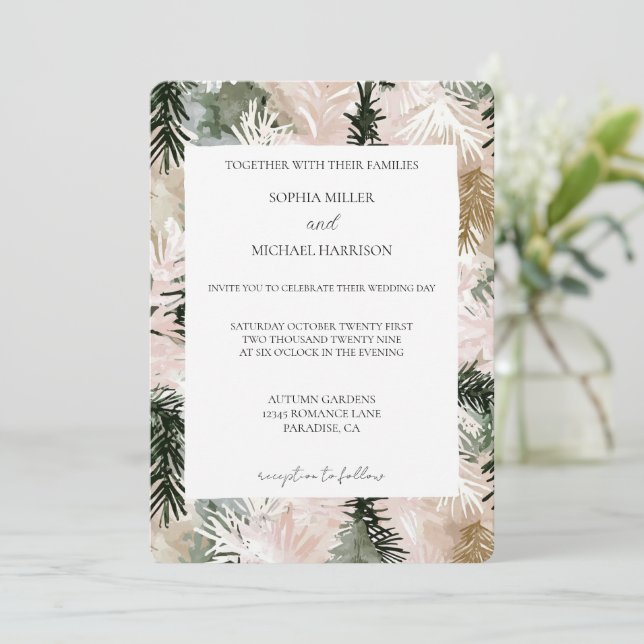 Pink Green White Christmas Trees Wedding Invitation (Standing Front)