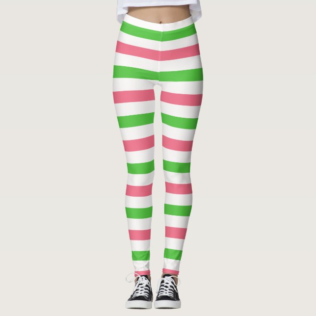 Pink, Green & White Doll Halloween Costume Stripe Leggings (Front)