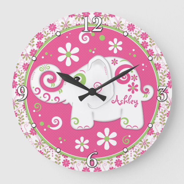 Pink Green White Elephant Floral Personalised Large Clock (Front)