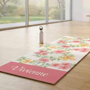 Pink Green Wildflower Watercolor Custom Name Yoga Mat