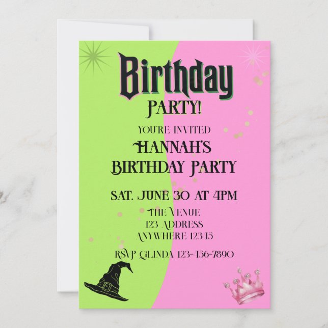Pink/Green Witch Hat & Princess Crown Birthday Invitation (Front)