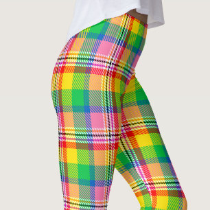 Pink Green Yellow Madras Plaid Design  Leggings