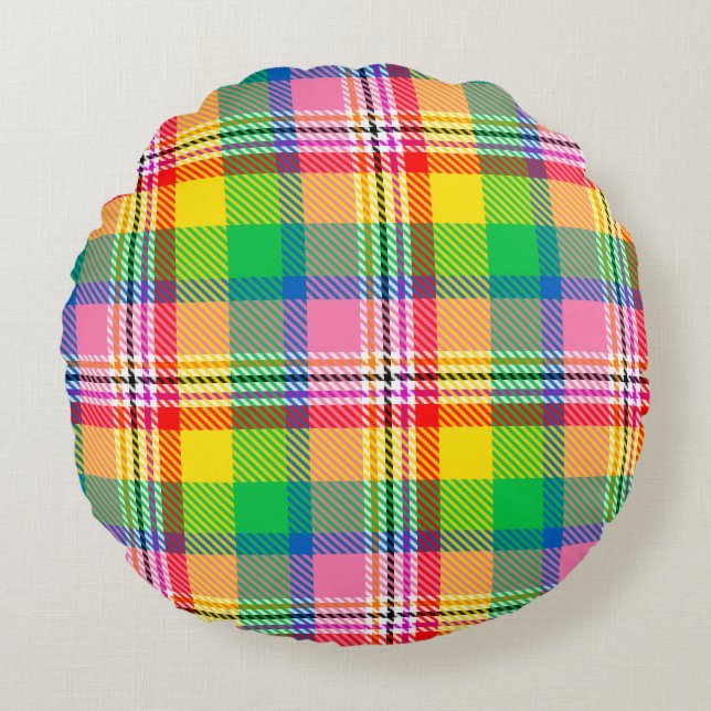 Pink Green Yellow Madras Plaid Design  Round Cushion (Front)