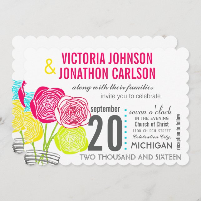 Pink Green Yellow Mason Jar Floral Typography Invitation (Front/Back)