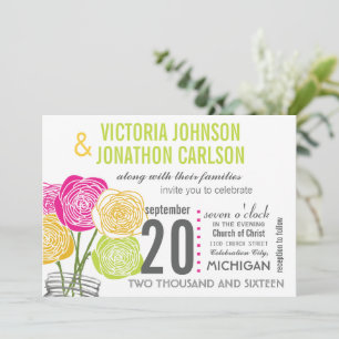 Pink Green Yellow Photo Floral ModernTypography Invitation