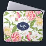 Pink Green & Yellow Spring Flowers Watercolors Laptop Sleeve<br><div class="desc">Elegant modern watercolors illustration pink roses and pail yellow spring flowers bloom. Customisable white background and customisable monogram on navy blue name-tag/frame.</div>