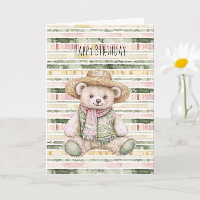 Pink Green Yellow Stripes Teddy Bear Birthday Card (Small Plant)