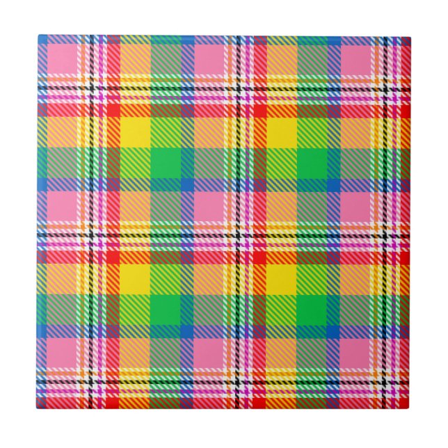 Pink Green Yellow Tartan Plaid Design  Ceramic Tile (Front)