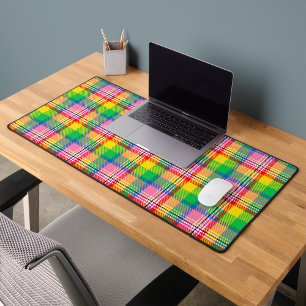 Pink Green Yellow Tartan Plaid Design Desk Mat