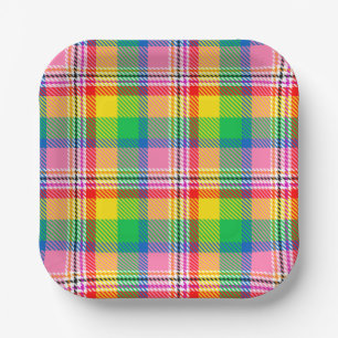 Pink Green Yellow Tartan Plaid Design  Paper Plate