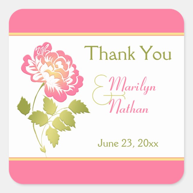 Pink, Green, Yellow, White Peony Thank You Sticker (Front)