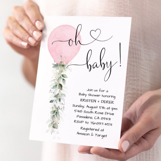 Pink Greenery Balloon Baby Shower Invitation (Creator Uploaded)