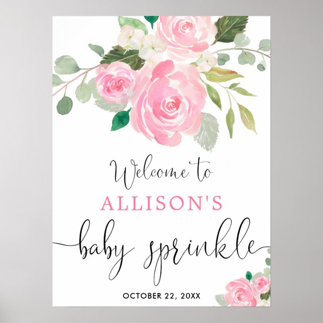 Pink greenery floral girl baby sprinkle welcome  poster (Front)