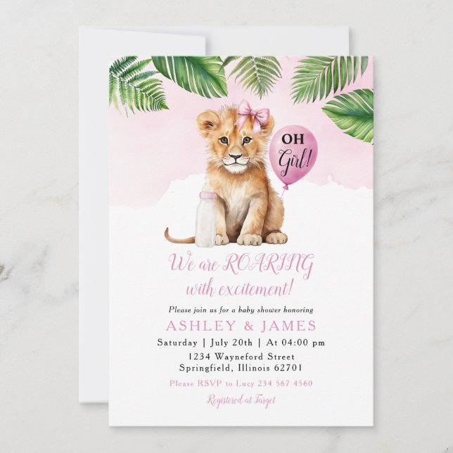 Pink Greenery Girl Lion Safari Baby Shower Bow tie Invitation (Front)