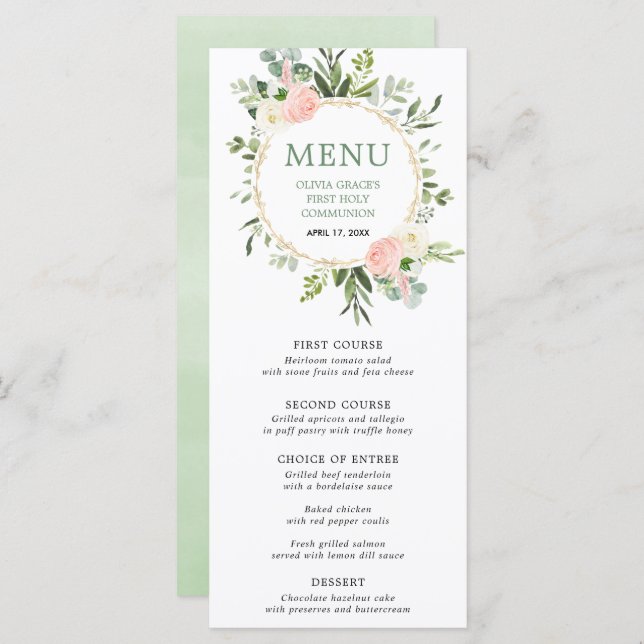 Pink greenery gold green leaves eucalyptus menu (Front/Back)