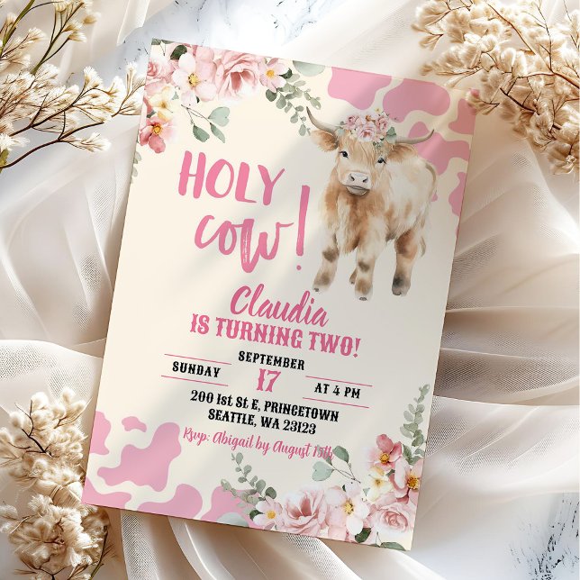 Pink Greenery Highland Cow Farm Girl Birthday Invitation (Creator Uploaded)