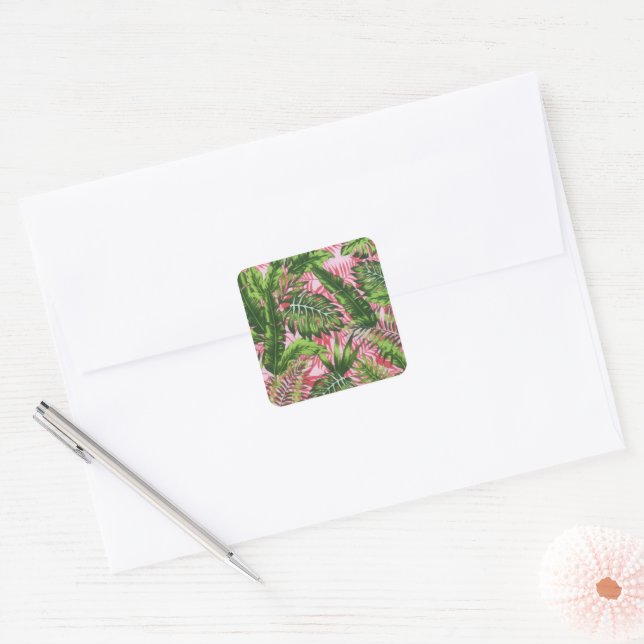 Pink Greenery Tropical Jungle Botanical Square Sticker (Envelope)