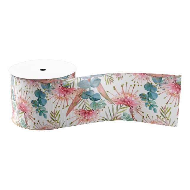 Pink Grevillea And Eucalyptus Grosgrain Ribbon (Spool)