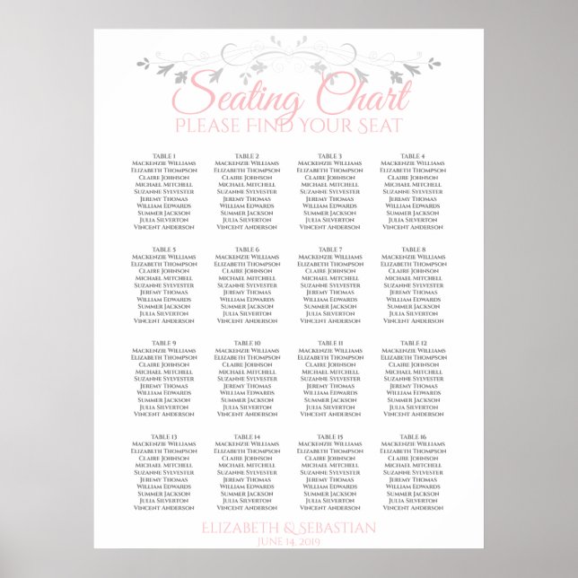 Pink & Grey 16 Table Wedding Seating Chart (Front)