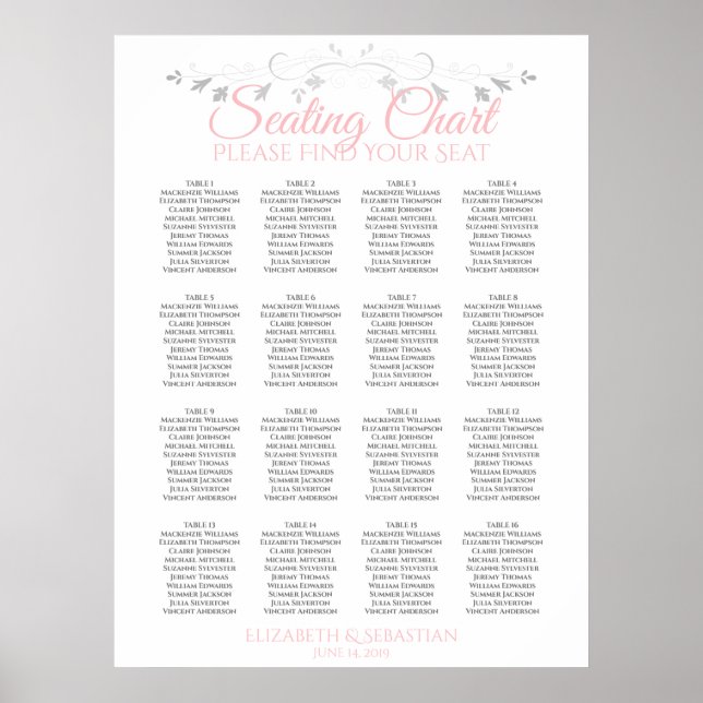 Pink & Grey 16 Table Wedding Seating Chart (Front)