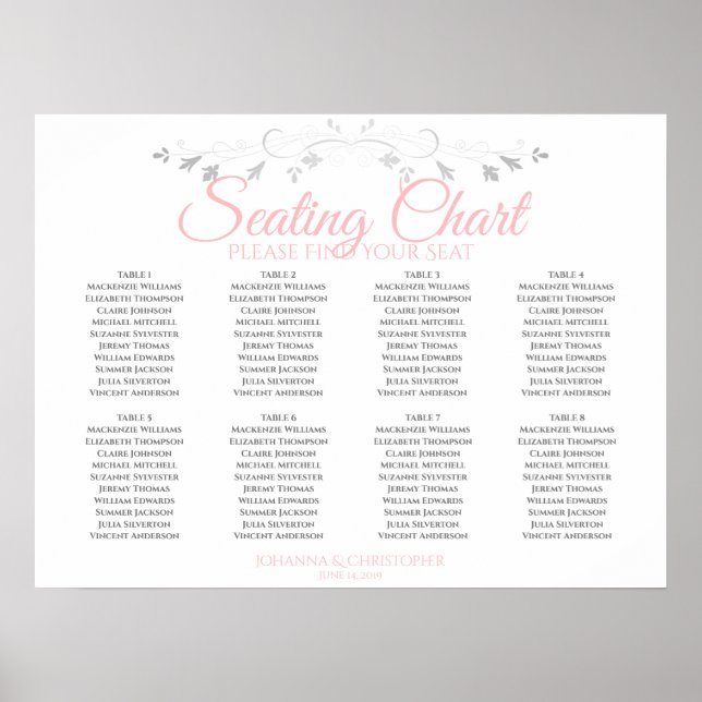 Pink & Grey 8 Table Wedding Seating Chart (Front)