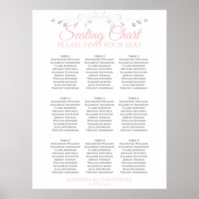 Pink & Grey 9 Table Wedding Seating Chart (Front)