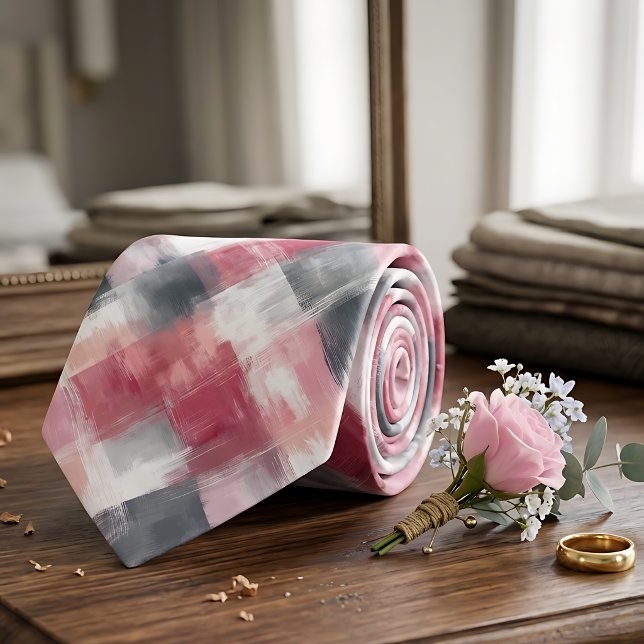 Pink & Grey Abstract Gingham Men's Tie (Creator Uploaded)