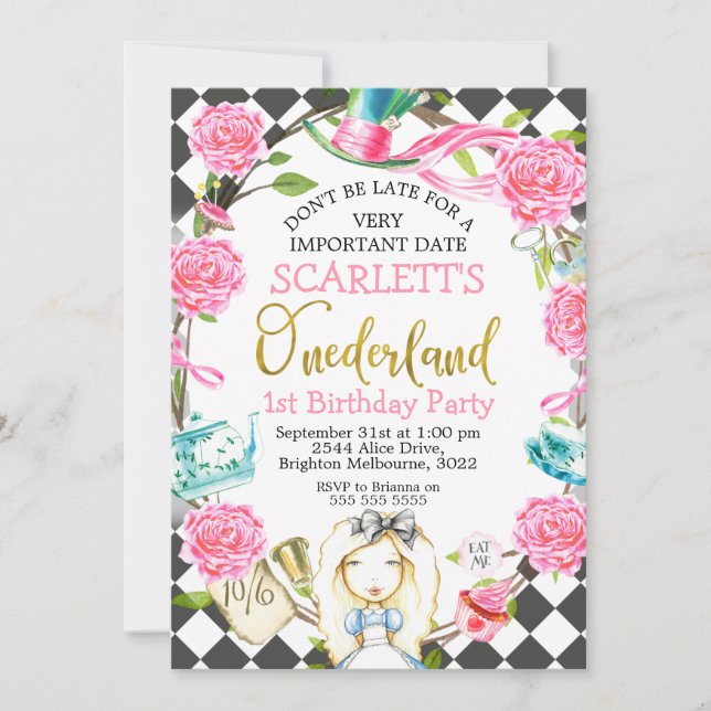 Pink Grey Alice In Onederland 1st Birthday Invitation (Front)