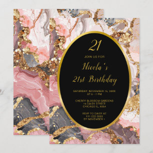 Pink, Grey and Gold Marble Agate Birthday Party Invitation