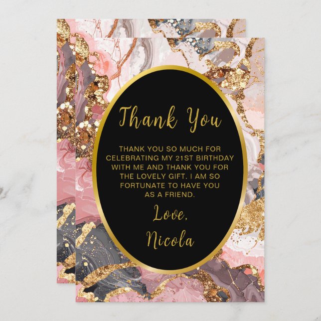 Pink, Grey and Gold Marble Agate Birthday Party Thank You Card (Front/Back)