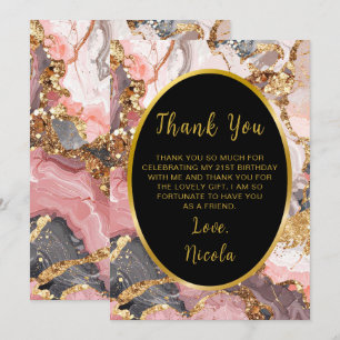 Pink, Grey and Gold Marble Agate Birthday Party Thank You Card