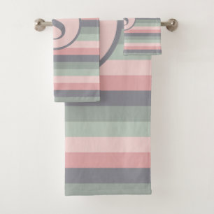 Pink Grey and Green Horizontal Striped Bath Towel Set