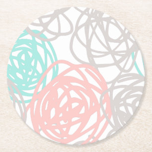 Pink Grey and Teal Doodle Pattern Round Paper Coaster