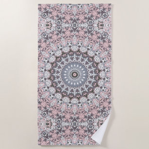 Pink Grey and White Mandala Pattern Beach Towel