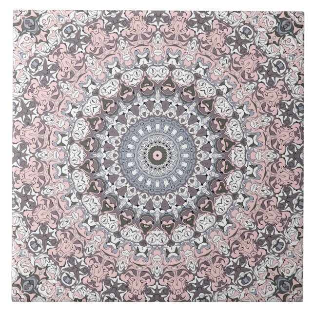 Pink Grey and White Mandala Pattern Ceramic Tile (Front)