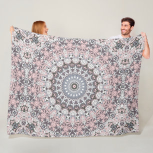 Pink Grey and White Mandala Pattern Fleece Blanket