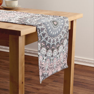 Pink Grey and White Mandala Pattern Long Table Runner