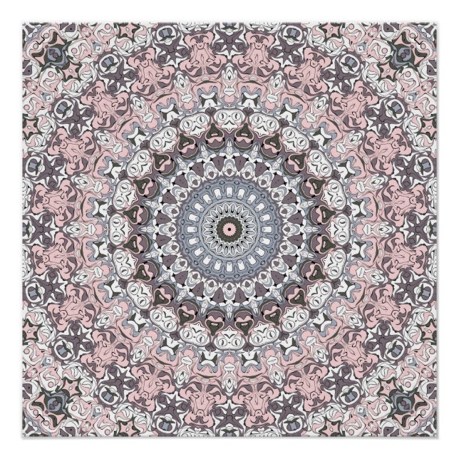 Pink Grey and White Mandala Pattern Poster (Front)