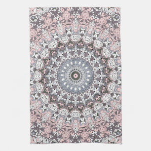 Pink Grey and White Mandala Pattern Tea Towel