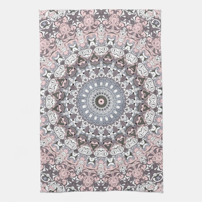 Pink Grey and White Mandala Pattern Tea Towel (Vertical)