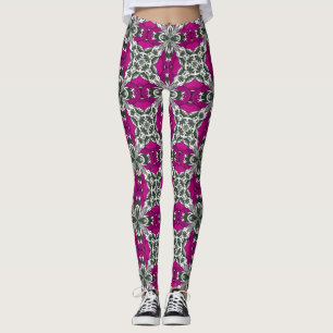 Pink Grey and White Repeat Tile Pattern Leggings