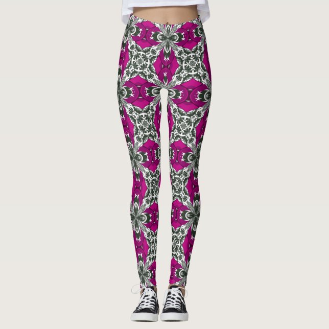 Pink Grey and White Repeat Tile Pattern Leggings (Front)
