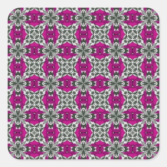 Pink Grey and White Repeat Tile Pattern Square Sticker (Front)