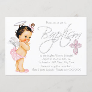Pink Grey Angel Baby Girl Baptism Invitation