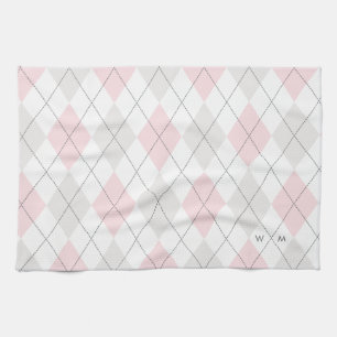 Pink & Grey Argyle Pattern Monogram Kitchen Towel