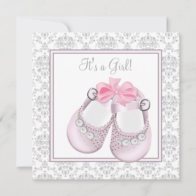 Pink Grey Baby Shoes Pink Grey Baby Girl Shower Invitation (Front)