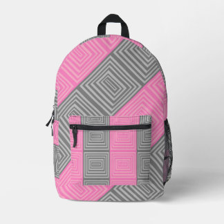 Pink & Grey Backpack With Abstract Squares Stripes
