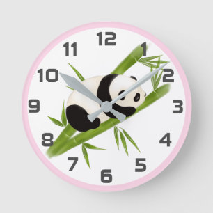 Pink Grey Bamboo Trees Panda Bear Wall Clock